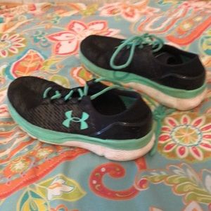 Blue black and white under armor shoes for women